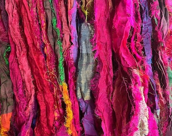 Fun & Beautiful! Frilly Fuzzy Bright Florals Ultimate Eyelash Recycled Sari Silk Ribbon 5 - 10 Yards or FULL Skein SUPERFAST SHIPPING!