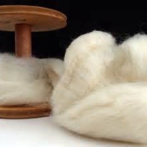 May include: Two white fluffy balls of wool fiber on a wooden spinning wheel. The wool is ready to be spun into yarn.
