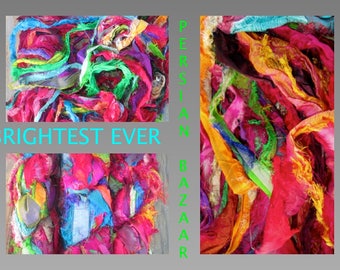 BRIGHTEST/DEEPEST EVER! Frilly Fuzzy Persian Bazaar Ultimate Eyelash Recycled Sari Silk Ribbon 5 - 10 Yards or Full Skein Thin & Wide Ribbon