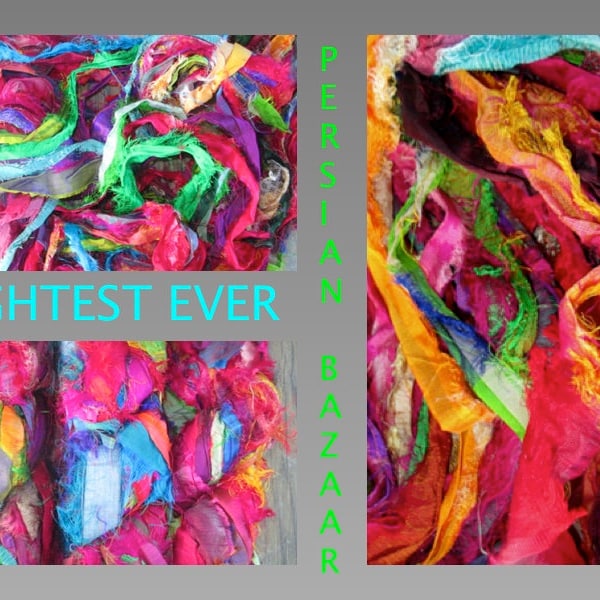 BRIGHTEST/DEEPEST EVER! Frilly Fuzzy Persian Bazaar Ultimate Eyelash Recycled Sari Silk Ribbon 5 - 10 Yards or Full Skein Thin & Wide Ribbon