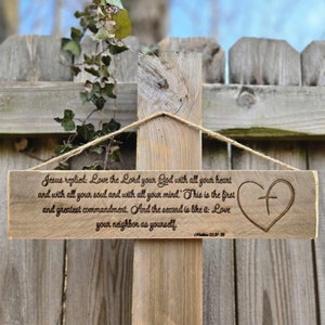 Bible Verse Wooden Sign | Christian Home Decor | Engraved Scripture Wall Art (Matthew 22:37-39) (15&quot;x4&quot;)