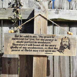 Bible Verse Wooden Sign | Christian Home Decor | Engraved Scripture Wall Art (2 Corinthians 12:9) (17&quot;x5.5&quot;)