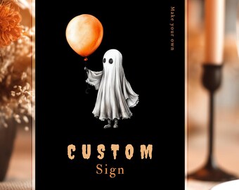 Halloween Custom Sign Template Spooky Ghost Sign Editable Orange Black Halloween Party Sign Birthday Party DIY Halloween Table Decor 2SH1