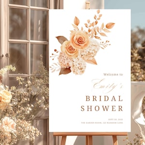 Modèle de plaque de bienvenue pour la douche nuptiale floral orange brûlé, rose en terre cuite, affiche de bienvenue de la fête nuptiale modifiable, panneau de bienvenue beige rustique 2FO1