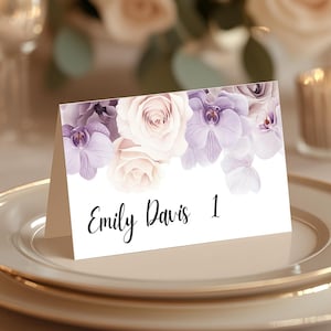 Purple Orchids Place Card Template Dreamy Pastel Lilac Editable Wedding Folded Place Card Printable Pink Rose Table Seat Name Flat Card 2FP1
