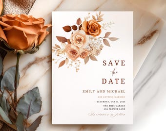 Mariage floral en terre cuite, réservez la date, modèle canva modifiable orange brûlé Rose, réservez numérique, carte de mariage rustique marron maussade 2FO1