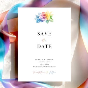 Szablon Rainbow Rose Wedding Save The Date Minimalna edytowalna karta ogłoszenia o ślubie LGBTQ+ Karta pocztowa z zaproszeniem na imprezę Gay Lesbian Pride Party 2FM1