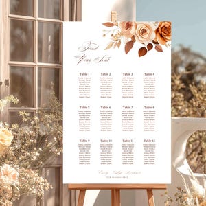 Terracotta Floral Wedding Seating Chart Template Fall Burnt Orange Rose Find Your Seat Sign Rustic Brown Reception Table Number Board 2FO1