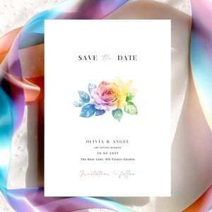 Mariage rose arc-en-ciel, réservez la date, carte d'annonce de mariage LGBTQ + modifiable sur toile, invitation unique à une fête de la fierté gaie lesbienne 2FM1