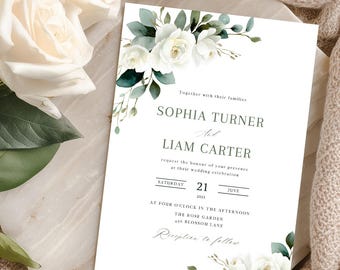 White Rose Sage Green Wedding Invitation Template Canva Editable Eucalyptus Greenery Wedding Invite Ivory Floral Botanical Wedding Card 2FG1