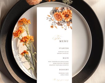 Black & Burnt Orange Floral Fall Wedding Menu Editable Terracotta Rustic Wedding Reception Dinner Menu Digital Canva Food Menu Template 2FO4