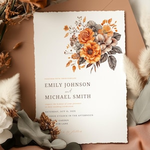 Modèle de faire-part de mariage rose orange brûlé automne automne terre cuite floral feuille noire inviter modifiable feuille sèche rustique inviter imprimable 2FO4
