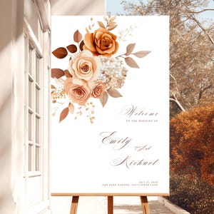 Modèle de plaque de bienvenue pour mariage floral orange brûlé automne terre cuite Rose affiche de bienvenue modifiable panneau de bienvenue de fête brun rustique brun terreux 2FO1