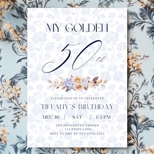Dusty Blue Floral Birthday Invitation Template Editable Trendy Blue Toile De Jouy Party Invite Custom Age Birthday Party Card Printable 2FT