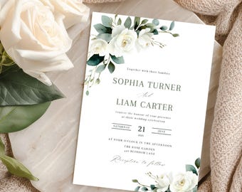 White Rose Sage Green Wedding Invitation Template Canva Editable Eucalyptus Cream Ivory Wedding Invite Greenery Floral Wedding Card 2FG1