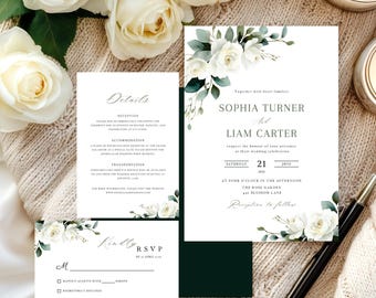White Rose Greenery Wedding Invitation Set Template Canva Editable Ivory Sage Green Wedding Card RSVP Details Eucalyptus Invite Suite 2FG1