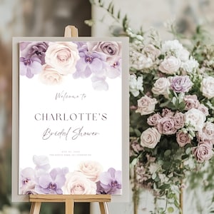 Purple Orchids Bridal Shower Welcome Sign Template Editable Lilac Floral Bridal Welcome Poster Printable Pink Rose Party Entrance Board 2FP1
