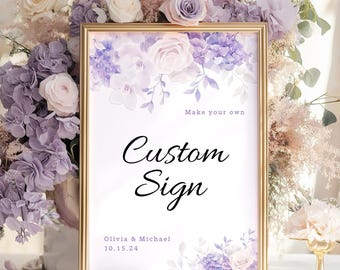 Placa personalizada floral lilás pastel, modelo para mesa de casamento com hortênsias roxas elegantes e encantadoras, editável, com rosas cor-de-rosa, para imprimir, faça você mesmo (DIYSign 2FL2).
