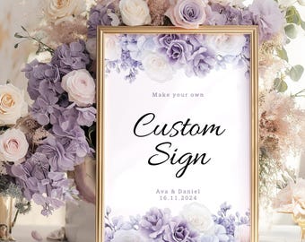 Placa personalizada floral roxa escura, elegante, moderna, com rosas brancas e violetas, editável, para mesa ou decoração de festa personalizada com lavanda (modelo 2FP2).
