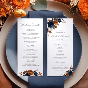Terracotta Navy Blue Wedding Program Template Canva Burnt Orange Rose Ceremony Program Editable Rustic Fall Wedding Itinerary Program 2FB4