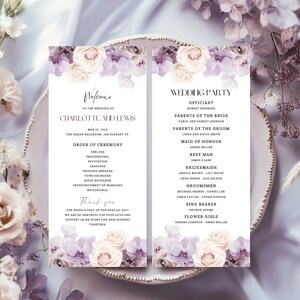 Lila Orchideen Blumenhochzeitsprogramm Vorlage Verträumt Elegant Pastell Flieder Bearbeitbares Zeremonienprogramm Pink Rose Benutzerdefiniertes Reiseprogramm 2FP1
