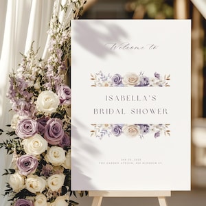Purple Rose Bridal Shower Welcome Sign Template Editable Violet Wildflower Signage Lavender Floral Brunch Party Printable Entrance Sign 2FT3