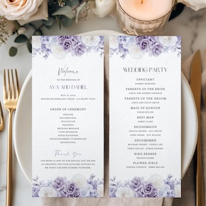Lavender Purple Floral Wedding Program Template Canva Dark Violet Plum Editable Ceremony Program White Rose Custom Itinerary Program 2FP2