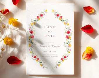 Red Rose Wedding Save The Date Template Canva Editable Yellow Boho Wildflower Wreath Save Our Date  Elegant Spring Floral Wreath Invite 2FR2