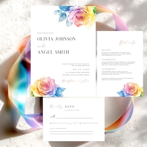 Plantilla de invitación de boda con rosas arcoíris, colorida, minimalista, LGBTQ+, editable, RSVP, detalle, invitación para fiesta del orgullo gay y lésbico, Suite 2FM1