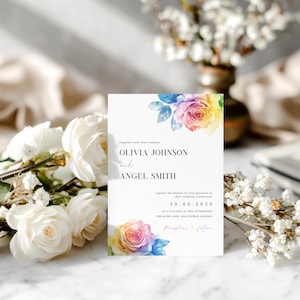 Rainbow Rose Wedding Invitation Template LGBTQ+ Same Sex Marriage Minimal Evite Canva Editable Gay Lesbian Colourful Pride Party Invite 2FM1 image 3