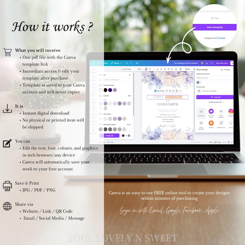 May include: A laptop screen displaying a Canva wedding invitation template with floral graphics and editable text fields. The interface shows color customization options, a share menu, and a 5x7 inch size indicator. Text explains the digital download process.