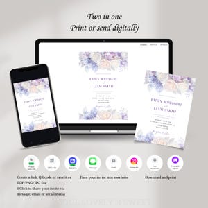 May include: A digital wedding invitation template displayed on a smartphone, laptop, and printed card, featuring watercolor purple and white floral accents, the text Emma Johnson and Liam Smith, and various icons for sharing via link, QR code, or print.