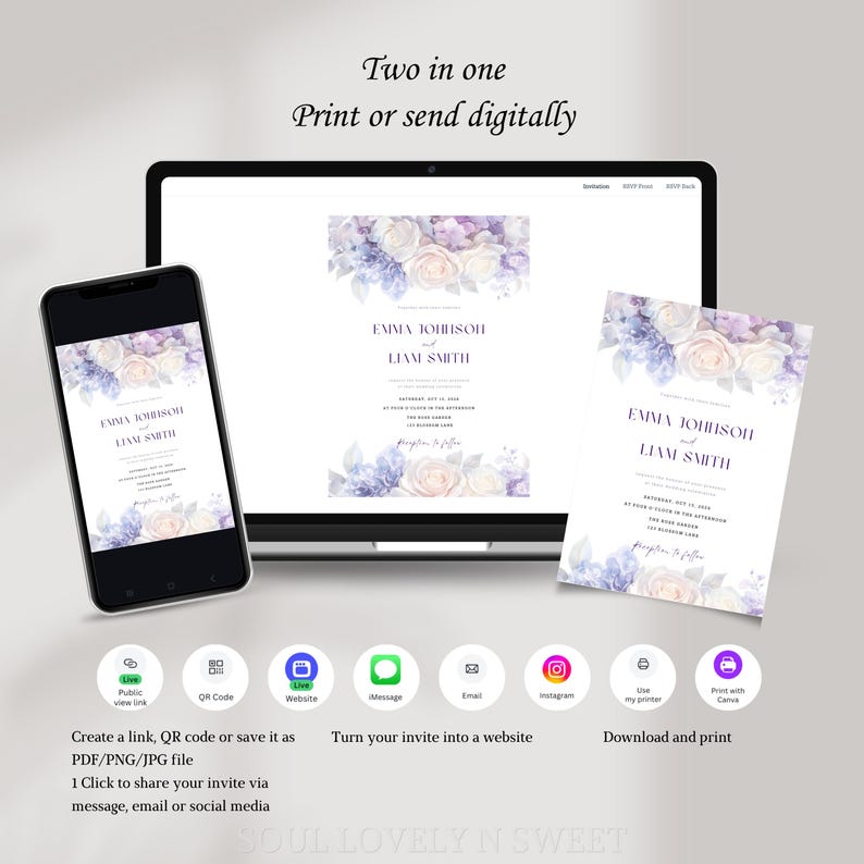 May include: A digital wedding invitation template displayed on a smartphone, laptop, and printed card, featuring watercolor purple and white floral accents, the text Emma Johnson and Liam Smith, and various icons for sharing via link, QR code, or print.