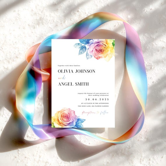 Rainbow Rose Wedding Invitation Template LGBTQ+ Same Sex Marriage Minimal Evite Canva Editable Gay Lesbian Colourful Pride Party Invite 2FM1