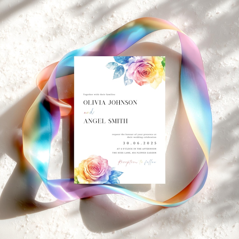 May include: A rectangular wedding invitation card featuring watercolor rainbow-colored roses at the top and bottom corners. The text reads Olivia Johnson and Angel Smith, 30.06.2025, at 4 o'clock in the afternoon, The Rose Lane, 456 Flower Garden.