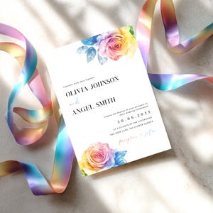 May include: A white wedding invitation card featuring watercolor rainbow roses at the top and bottom. The text reads: Together with their families, OLIVIA JOHNSON and ANGEL SMITH, request the honour of your presence at their wedding celebration, 30.06.2025, at 4 o'clock in the afternoon, THE ROSE LANE, 456 FLOWER GARDEN, Reception to follow.