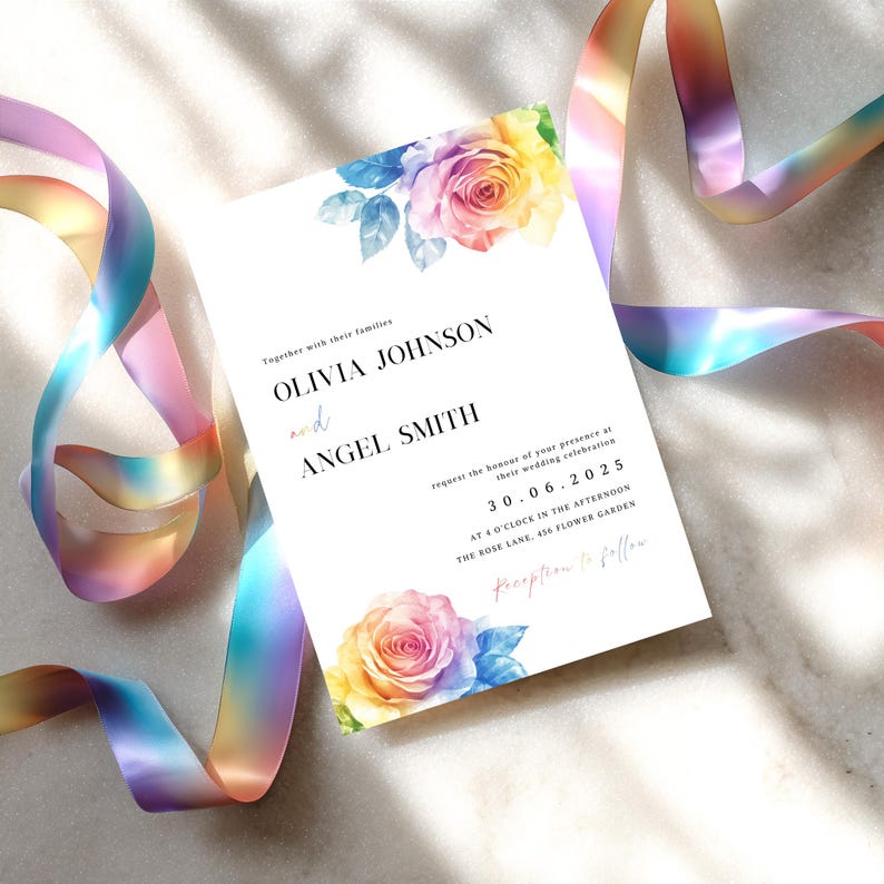 May include: A white wedding invitation card featuring watercolor rainbow roses at the top and bottom. The text reads: Together with their families, OLIVIA JOHNSON and ANGEL SMITH, request the honour of your presence at their wedding celebration, 30.06.2025, at 4 o'clock in the afternoon, THE ROSE LANE, 456 FLOWER GARDEN, Reception to follow.
