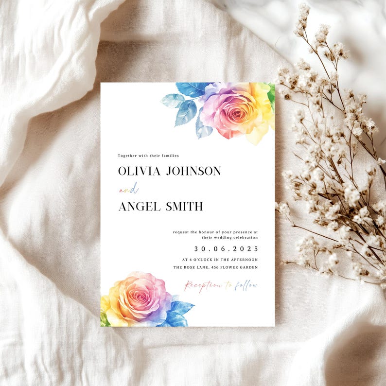 May include: A rectangular wedding invitation card featuring watercolor rainbow-colored roses at the top and bottom corners. The text reads: Together with their families, OLIVIA JOHNSON and ANGEL SMITH, request the honour of your presence at their wedding celebration, 30.06.2025, at 4 o'clock in the afternoon, The Rose Lane, 456 Flower Garden, Reception to follow.