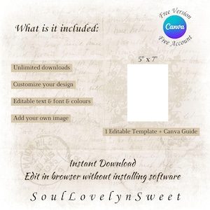 May include: A digital template graphic with a vintage paper background featuring the text What is it included, Unlimited downloads, Customize your design, Editable text & font & colours, Add your own image, 5" x 7", 1 Editable Template + Canva Guide, Instant Download, Edit in browser without installing software, and SoulLovelynSweet.