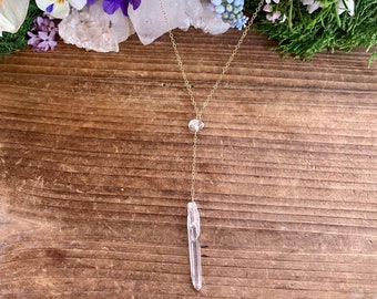 Raw Quartz Dagger Y Necklace, Gold Chain Pendulum Jewelry