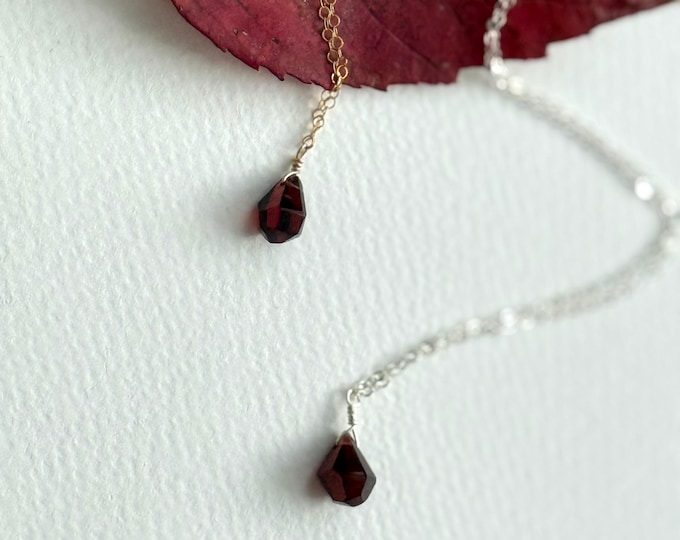 Garnet Drop Necklace: Polygonal Gemstone, January Birthstone