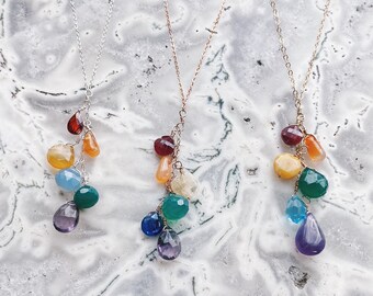 Rainbow Gemstone Cascade Necklace: Multi Stone Layering Necklace