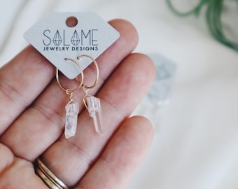 Raw Quartz Hoop Earrings, Crystal Dagger Earrings, Handmade