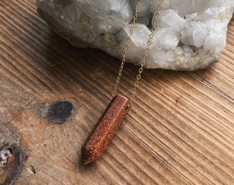 Goldstone 14k Gold Filled Necklace, Sunstone Bullet Pendant