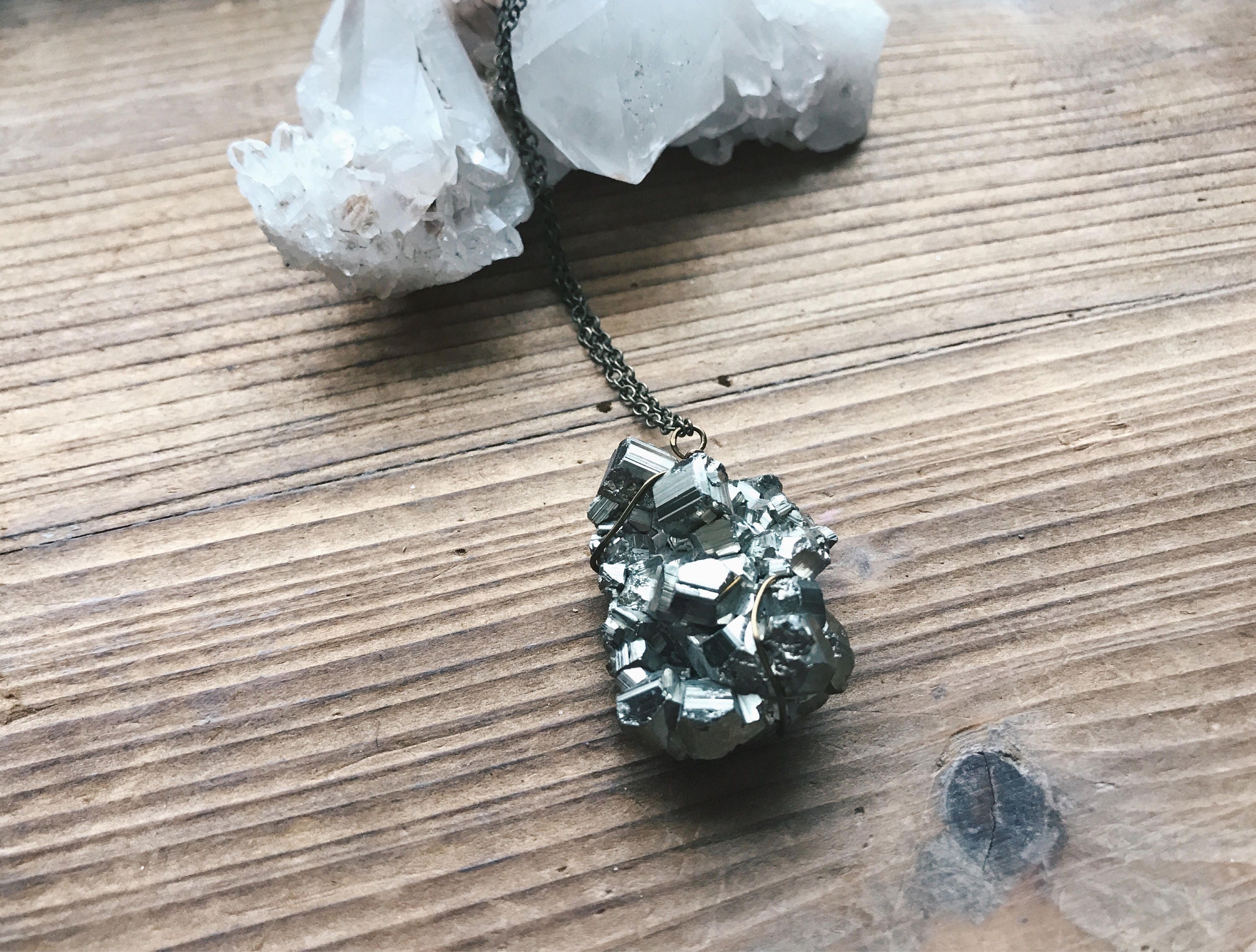 Pyrite Chunk Necklace // Brass Pyrite Necklace// Owl Gemstone