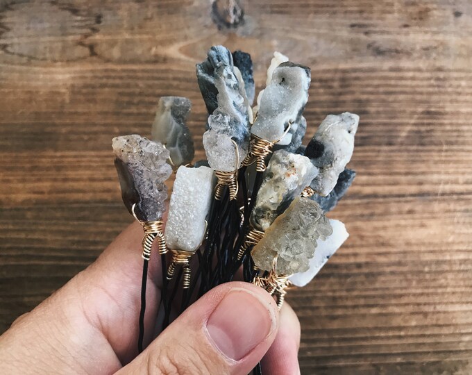 Agate Hairpins // Raw Gemstone Hairpins // Handmade by Rana Salame // Unique Quartz Hairpins // TWO HAIRPINS ONLY // Silver or Gold Hairpins