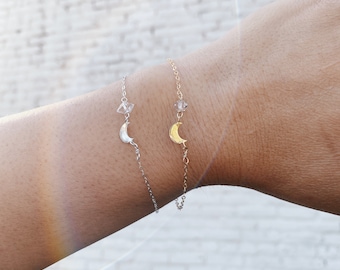 Dainty Herkimer Diamond Bracelet: Sterling Silver Moon Charm, Bridesmaid Jewelry