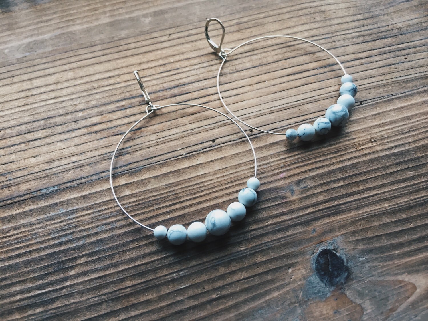 Howlite Gemstone Silver Hoop Earrings White Gemstone Earth Gemstone