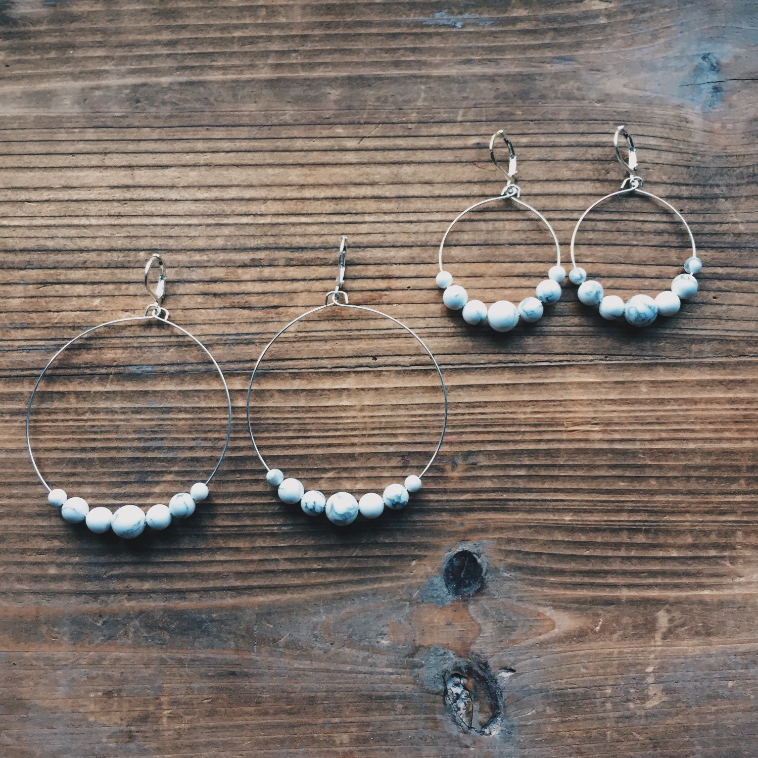 Howlite Gemstone Silver Hoop Earrings White Gemstone Earth Gemstone