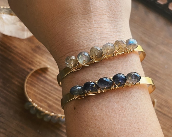 Gemstone Sparkle Cuff // Holiday Bracelet // Labradorite and Iolite Cuff Bangle // Martha Stewart Weddings // Crystal Cuff Bracelet / Salame